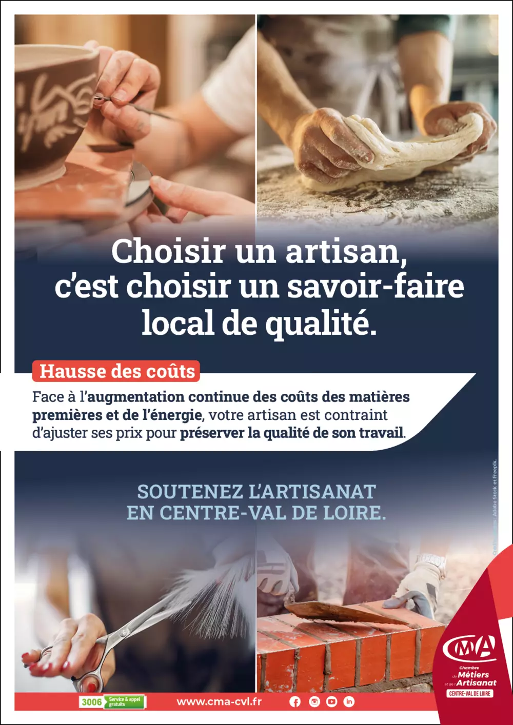 Image de l'affiche sur la hausse des co&ucirc;ts repr&eacute;sentant les 4 secteurs d'activit&eacute; de l'artisanat : fabrication, alimentation, services et b&acirc;timent